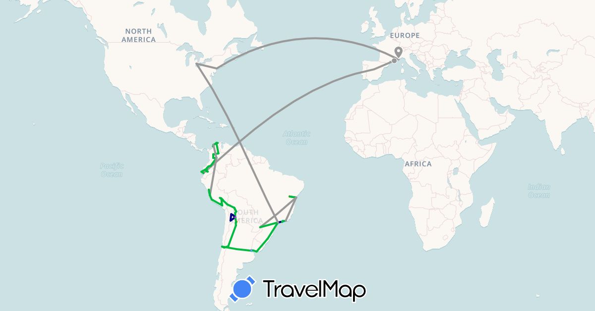 TravelMap itinerary: driving, bus, plane, train, hiking, boat, hitchhiking in Argentina, Bolivia, Brazil, Chile, Colombia, Ecuador, Spain, France, Peru, United States, Uruguay (Europe, North America, South America)